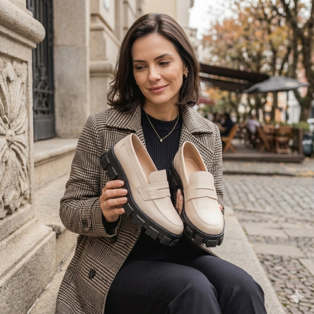 Mocassim Feminino 10023 Siroco Off White em uso - imagem conceitual Calçados Net
