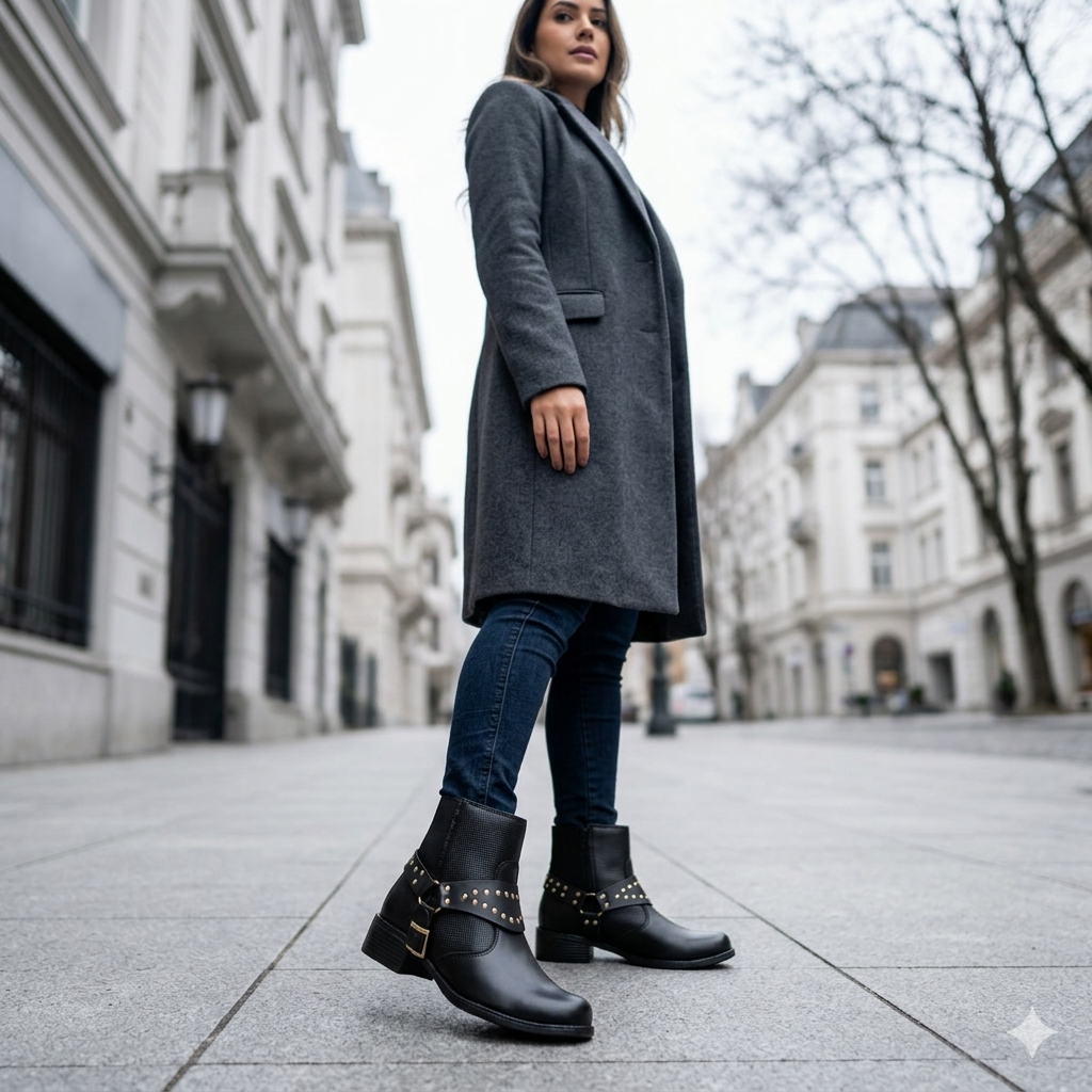 Bota Feminina Stribo 16021 SIROCO PRETO em uso - imagem conceitual Calçados Net
