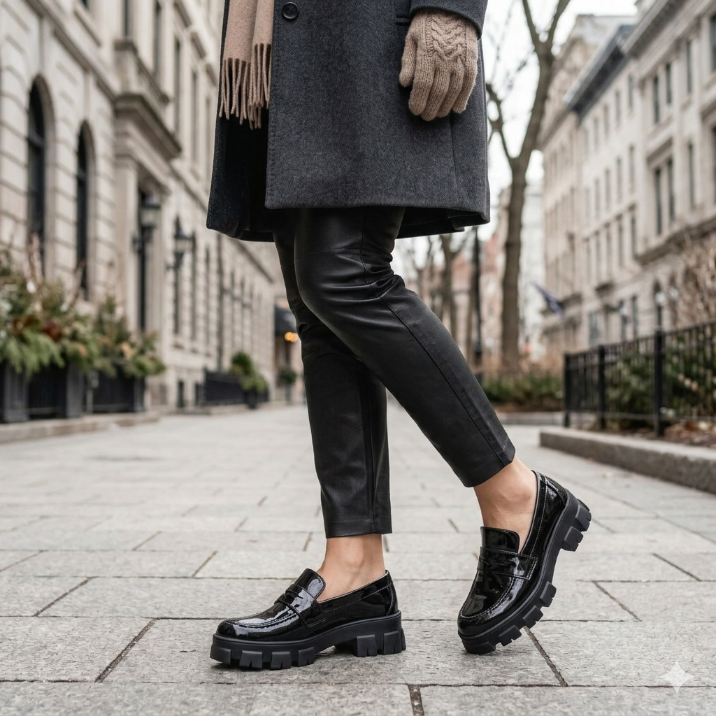 Mocassim Feminino 10023 Verniz Preto em uso - imagem conceitual Calçados Net