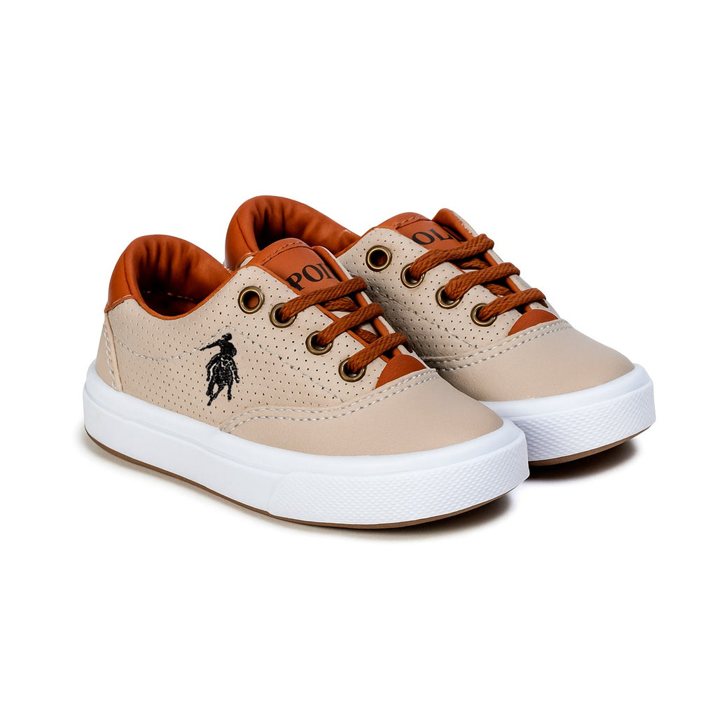 Sapatênis Infantil Polo Roma Bege — Calçado Casual Confortável para Crianças, Solado Antiderrapante, Palmilha Macia e Cadarço Prático, Acabamento Premium Calçado Net, Ideal para Escola, Brincar e Passeios em Família