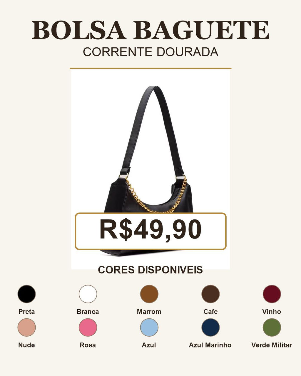 Arte promocional da bolsa baguete corrente feminina por R$49,90
