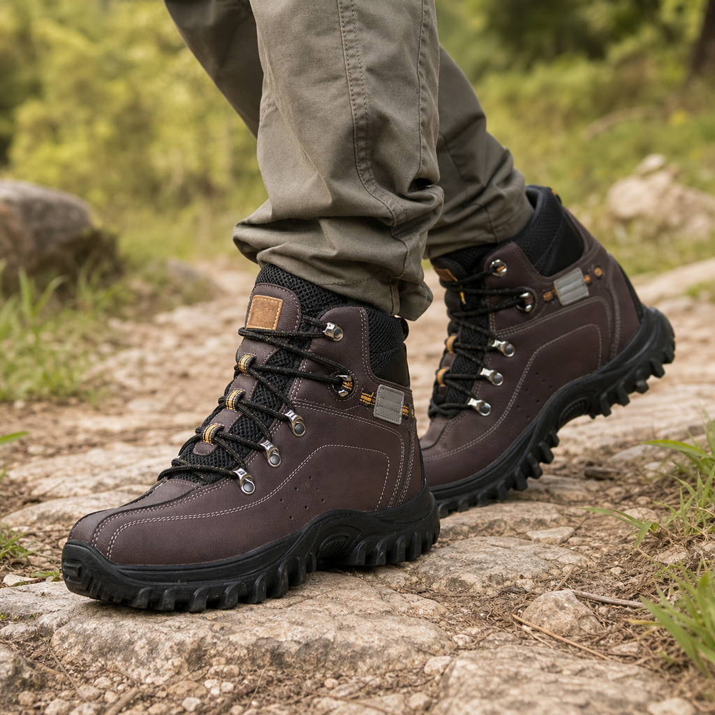 Bota coturno adventure masculina em uso na trilha