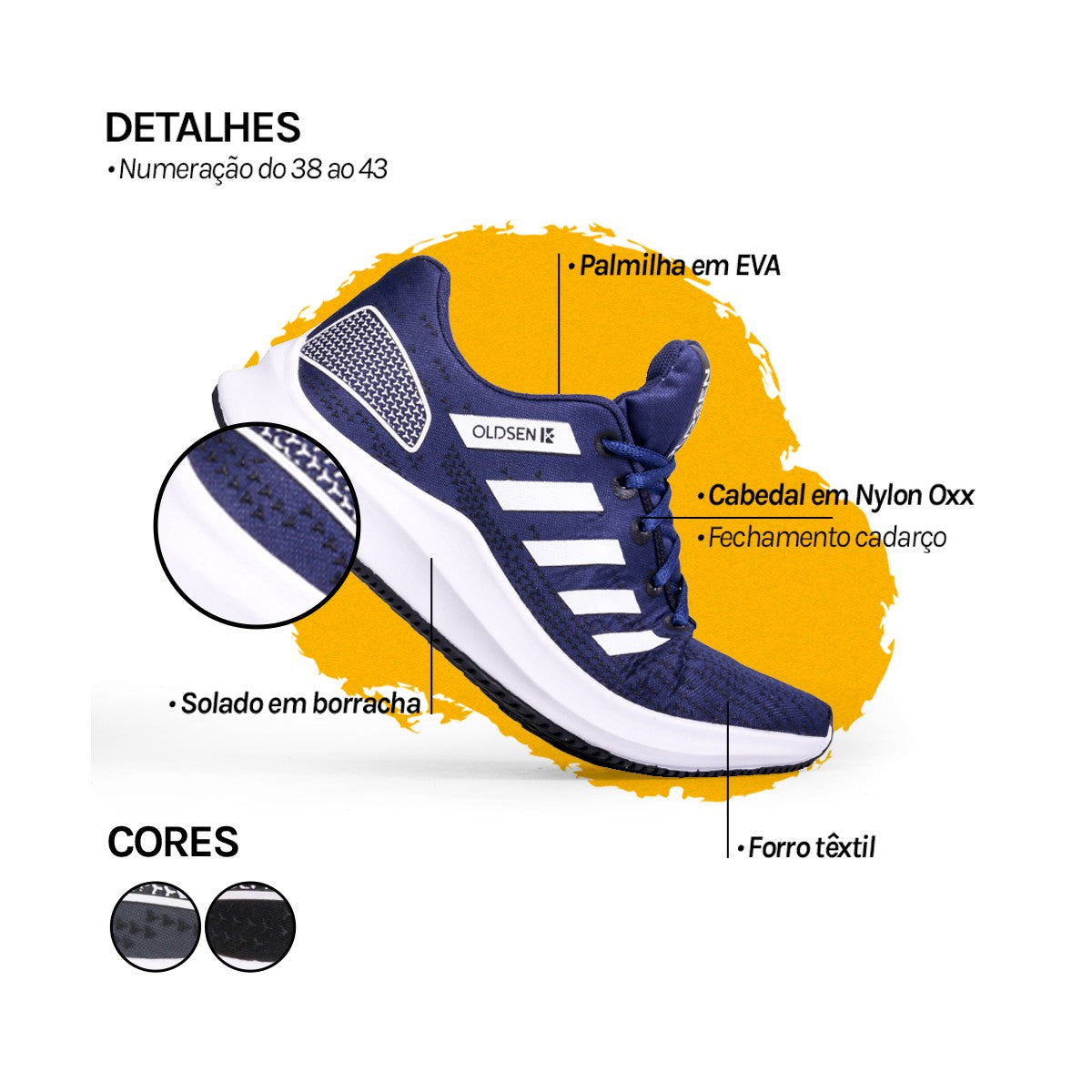 Tênis Masculino Casual Esportivo — Azul — detalhe